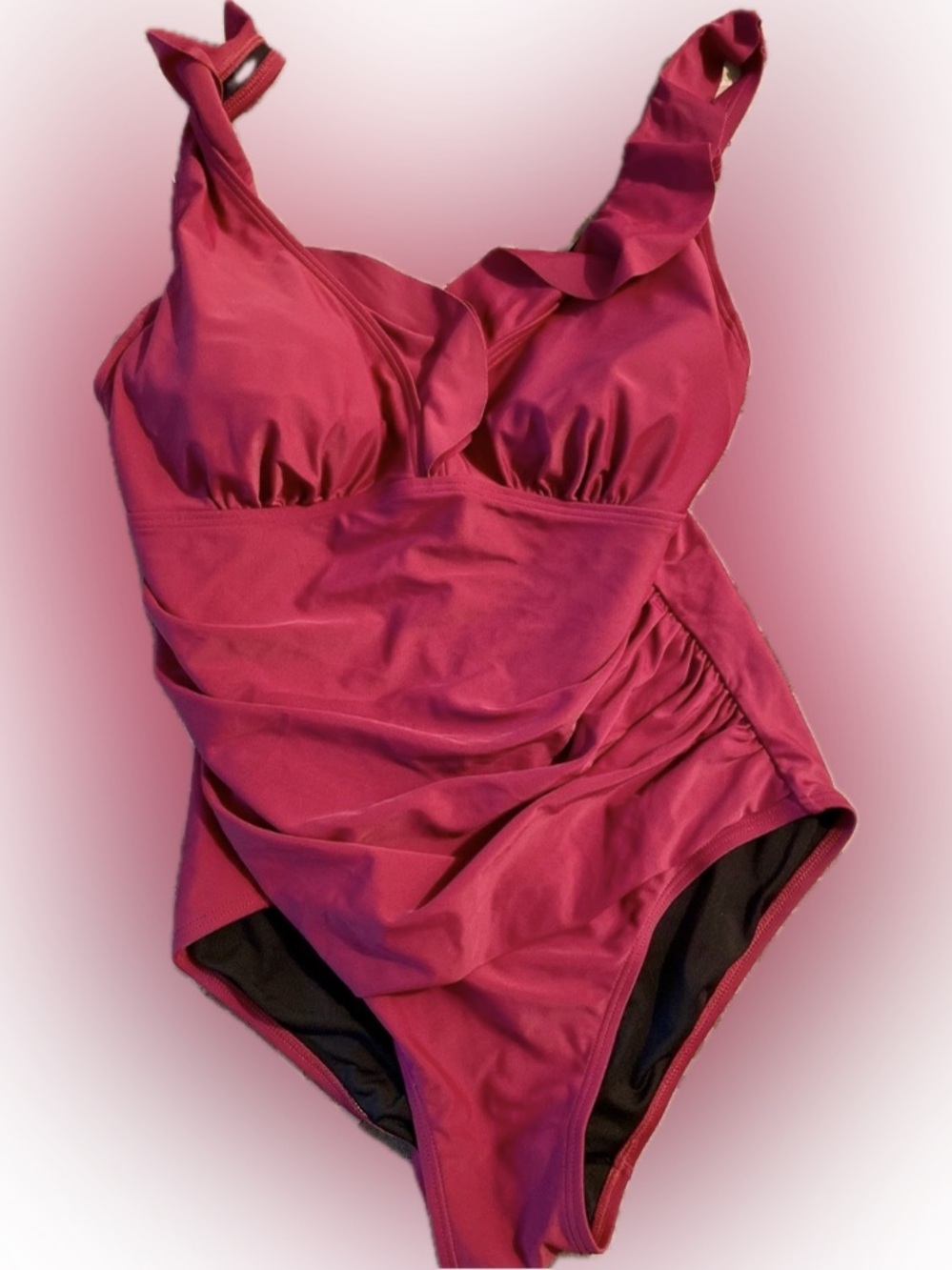 DKNY Raspberry Pink Ruffle Ruched Tummy Control One Piece Swimsuit 14 - Picture 2 of 10